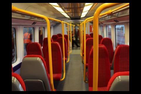 The interior of the remodelled 458/5 EMUs is designed to optimise seated and standing space for outer-suburban operation.